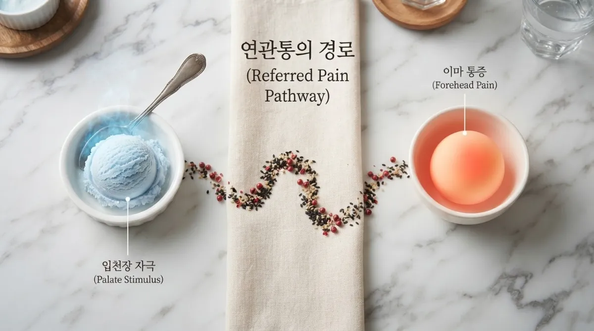 입천장 자극이 삼차신경을 통해 이마&middot;관자놀이 통증으로 전달되는 연관통 경로를 좌우 비교한 푸드 스타일링 항공샷 일러스트