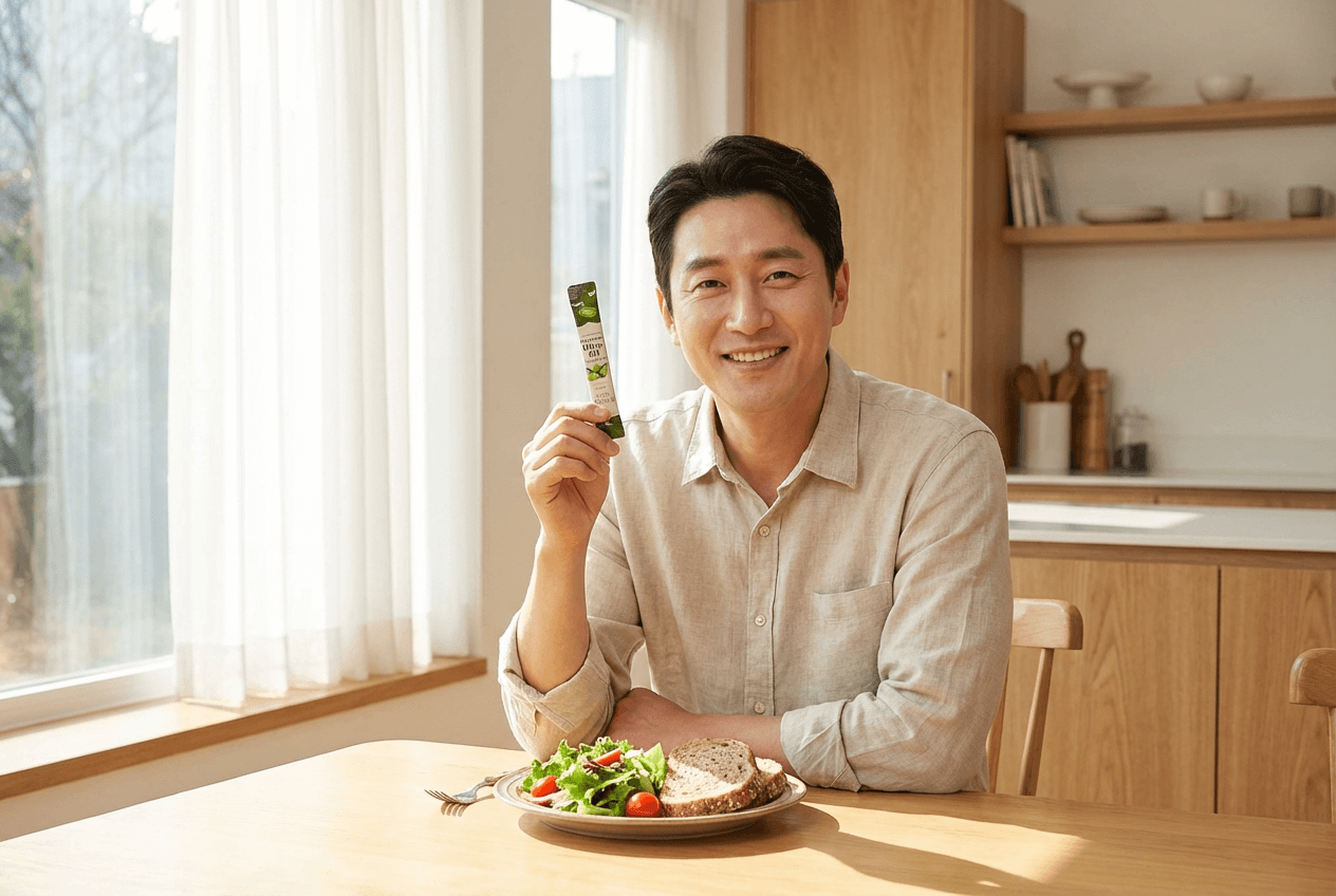 40대 남성이 아침 식탁에서 올리브오일 스틱을 손에 들고 미소 짓는 모습, 따뜻한 햇살이 들어오는 거실 배경