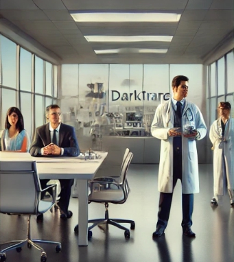 사무실안에서 두사람은 앉아있고 두사람은 서 있는 모습