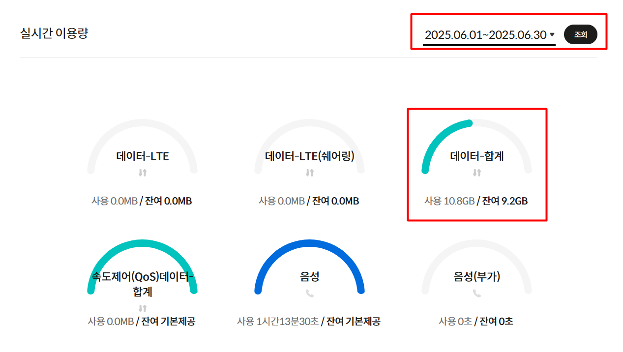 6월 데이터, 전화 사용량 캡쳐 화면