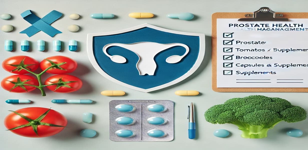 전립선 건강을 상징하는 토마토, 브로콜리, 영양제, 의료 체크리스트가 포함된 이미지