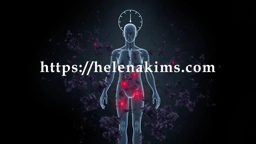 인간 실루엣이 중앙에 위치한다. 실루엣 주변과 내부에 짙은 회색과 탁한 보라색의 추상적인 노폐물 입자들이 얽혀있고, 실루엣의 머리 위에는 흐릿한 시계 바늘 아이콘이 있고, 복부와 피부 부분에는 붉은색의 미세한 경고등이 켜있는 이미지.