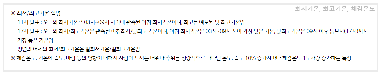 최저기온, 최고기온, 체감온도