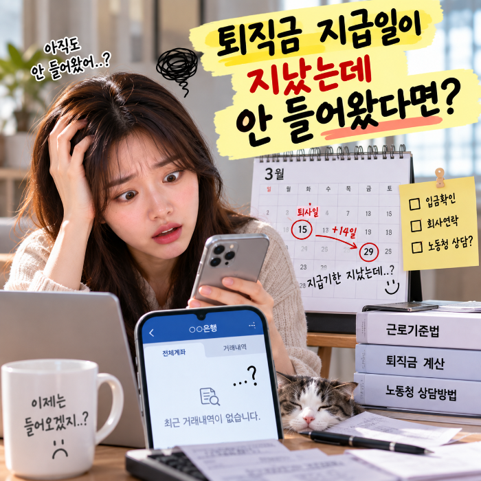 퇴직금 지급일 14일이 지났는데도 퇴직금이 입금되지 않아 계좌 내역을 확인하고 미지급 대응 방법을 알아보는 이미지