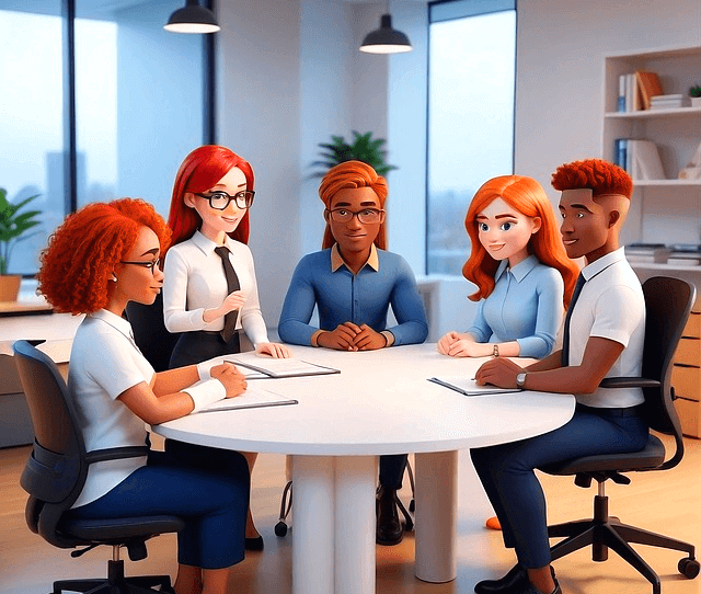 사무실 탁자 주변에 직원들이 모여있다. 여자 3명, 남자 2명으로 모두 갈색머리다.