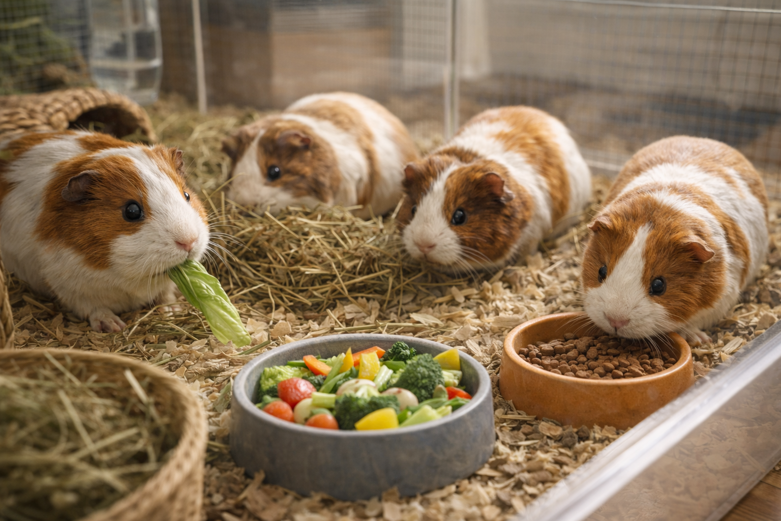 채소, 건초, 사료를 먹고있는 기니피그들 이미지