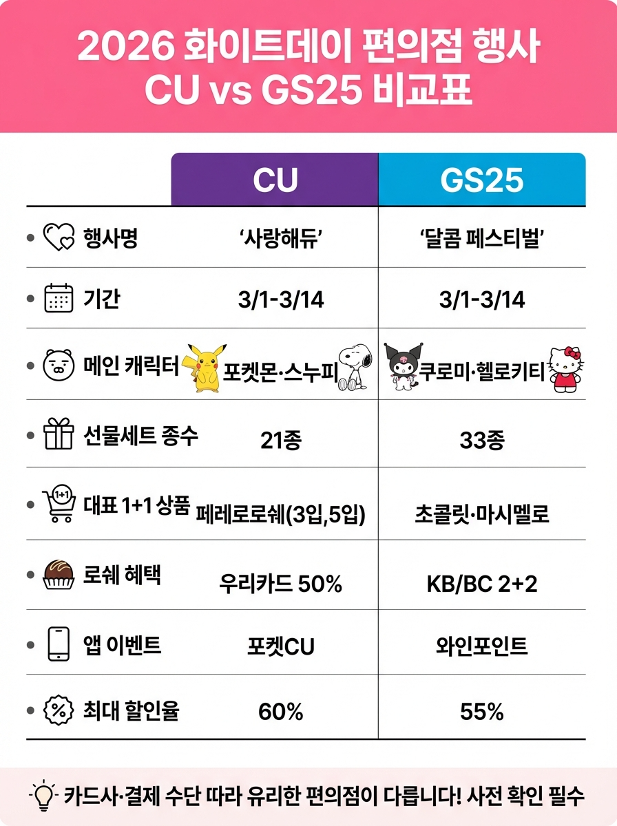 2026년 화이트데이 CU '사랑해듀' vs GS25 '달콤 페스티벌' 8개 항목 비교표 – 행사명·기간(3/1-3/14)·메인 캐릭터(포켓몬·스누피 vs 쿠로미·헬로키티)·선물세트 종수(21종 vs 33종)·대표 1+1 상품(페레로로쉐 3입·5입 vs 초콜릿·마시멜로)·로쉐 혜택(우리카드 50% vs KB/BC 2+2)·앱 이벤트(포켓CU vs 와인포인트)·최대 할인율(60% vs 55%), 하단 팁 "카드사·결제 수단 따라 유리한 편의점이 다릅니다! 사전 확인 필수".