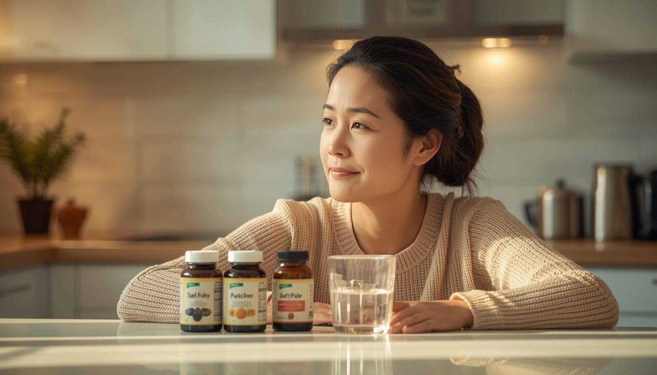 식탁에 영양제를 두고 복용 시간을 고민하는 여성