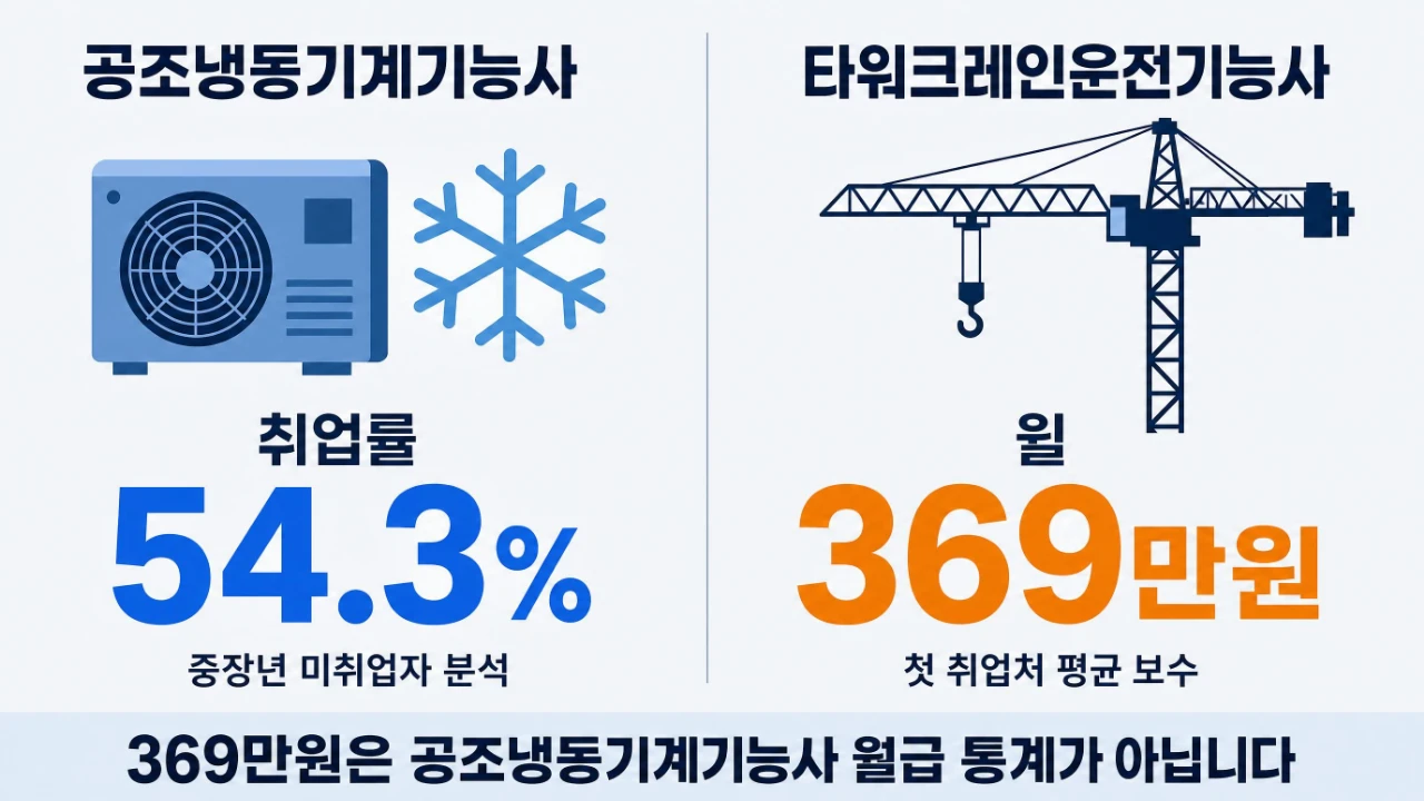 공조냉동기계기능사 취업률 54.3%와 타워크레인운전기능사 월 369만원을 비교한 이미지