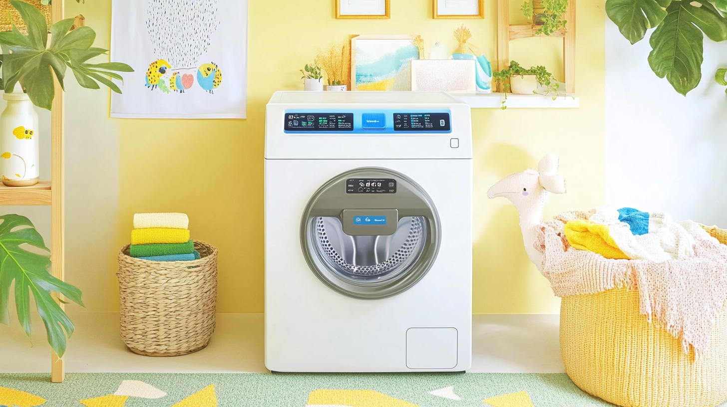 세련된 내부에 위치한 삼성 세탁기와 건조기, 디지털 디스플레이에 스마트 기능이 표시되고 친환경 및 에너지 효율적인 가전제품들로 둘러싸여 있음.