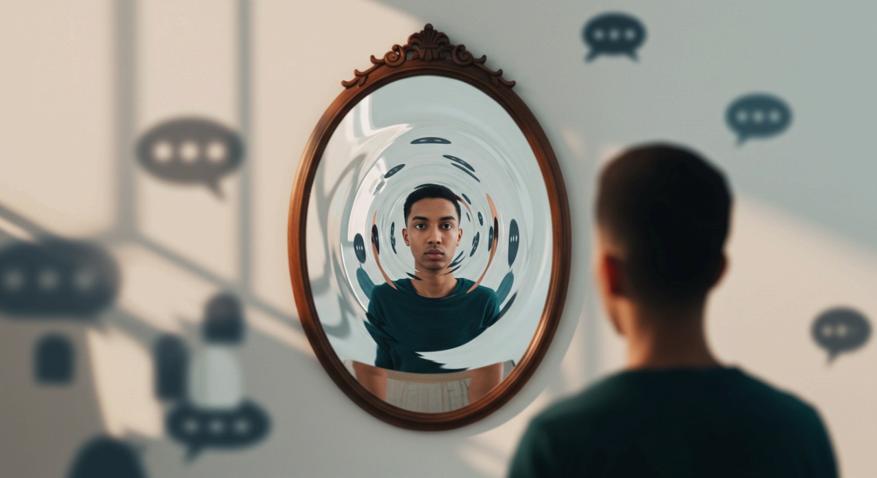 왜곡된 거울을 들여다 보는 남자