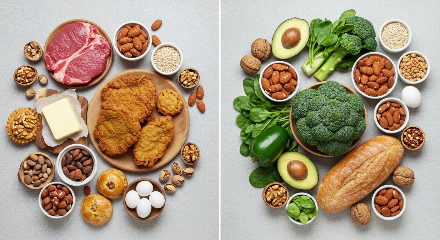 건강에 좋지 않은 음식들과 건강에 좋은 음식들이 대비되어 있는 모습