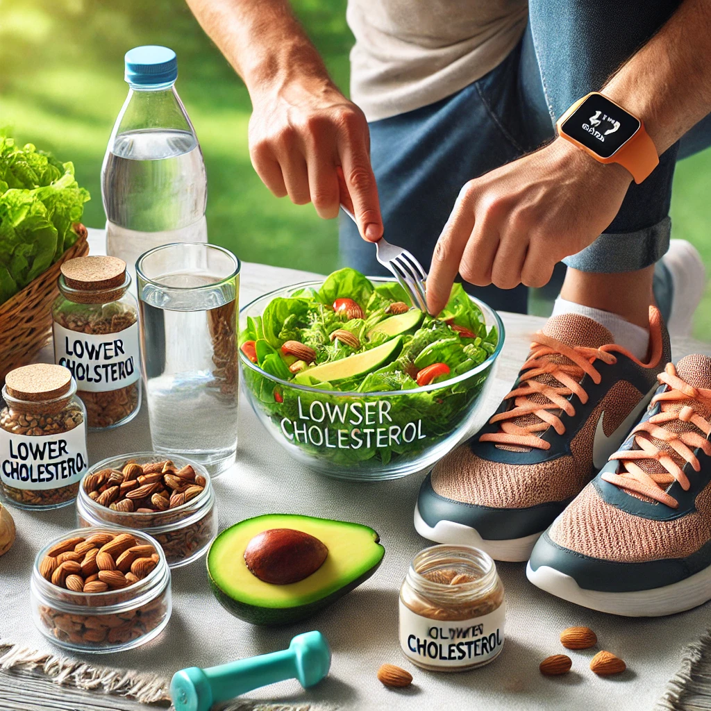 콜레스테롤 수치를 낮추기 위한 건강한 식습관과 운동—신선한 샐러드, 물 한 잔, 운동화 끈을 묶는 사람