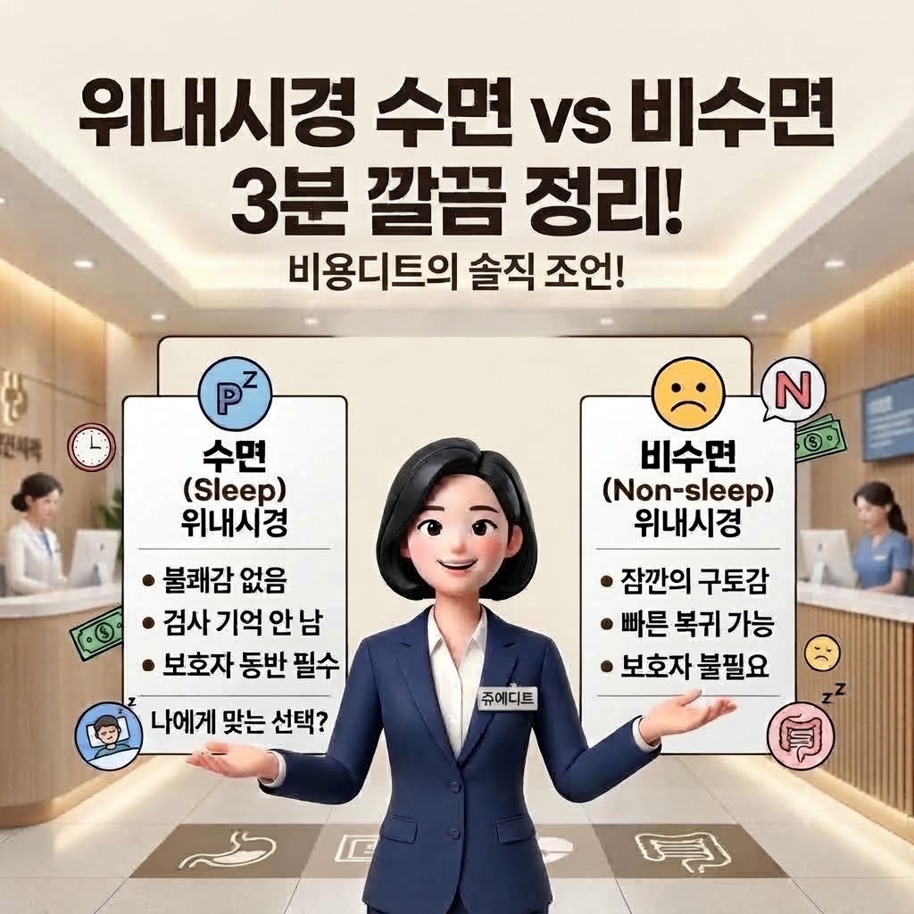 위내시경 수면 검사와 비수면 검사의 특징, 불쾌감 여부, 보호자 동반 필요성 등을 비교하여 요약한 인포그래픽입니다.