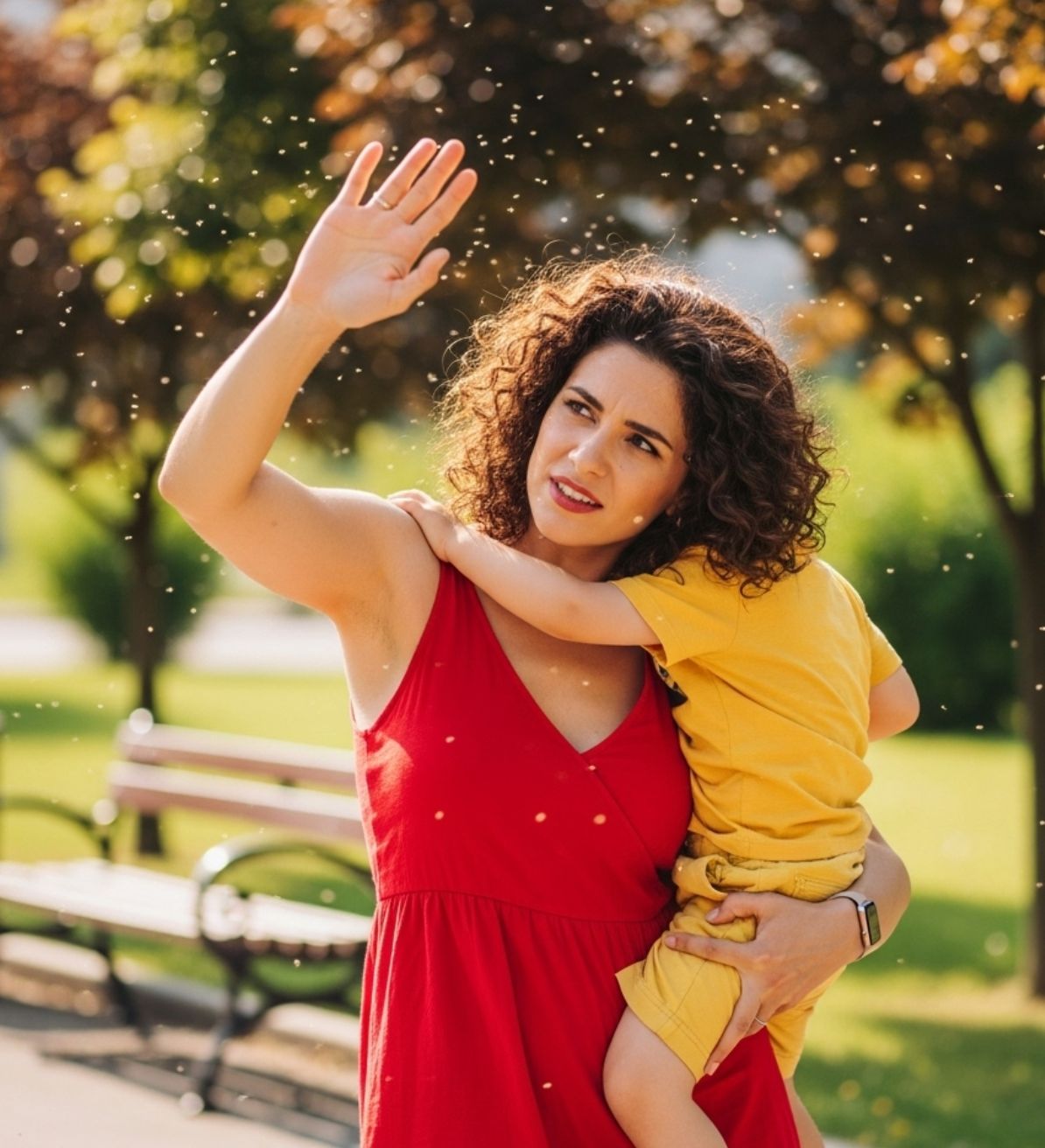 엄마가 아이를 안고 날파리를 쫒고 있는 사진