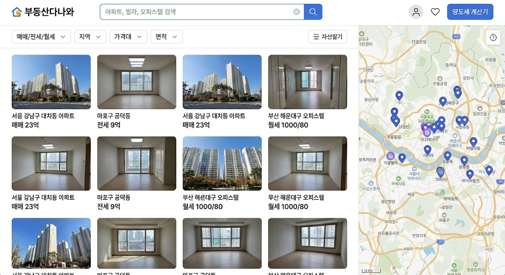 부동산 매물 사이트 화면 또는 양도세 계산기