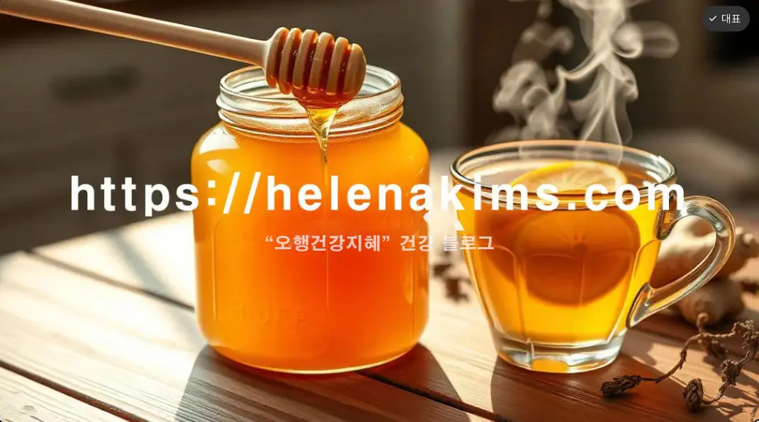 아늑한 분위기의 따뜻한 나무 테이블 위에 황금빛 꿀이 가득 담긴 투명 유리병이 놓여있다. 꿀 스푼에서는 꿀이 먹음직스럽게 흘러내리고, 옆에는 생강과 레몬 조각이 들어간 따뜻한 허브차 한 잔이 놓여 있는 이미지.