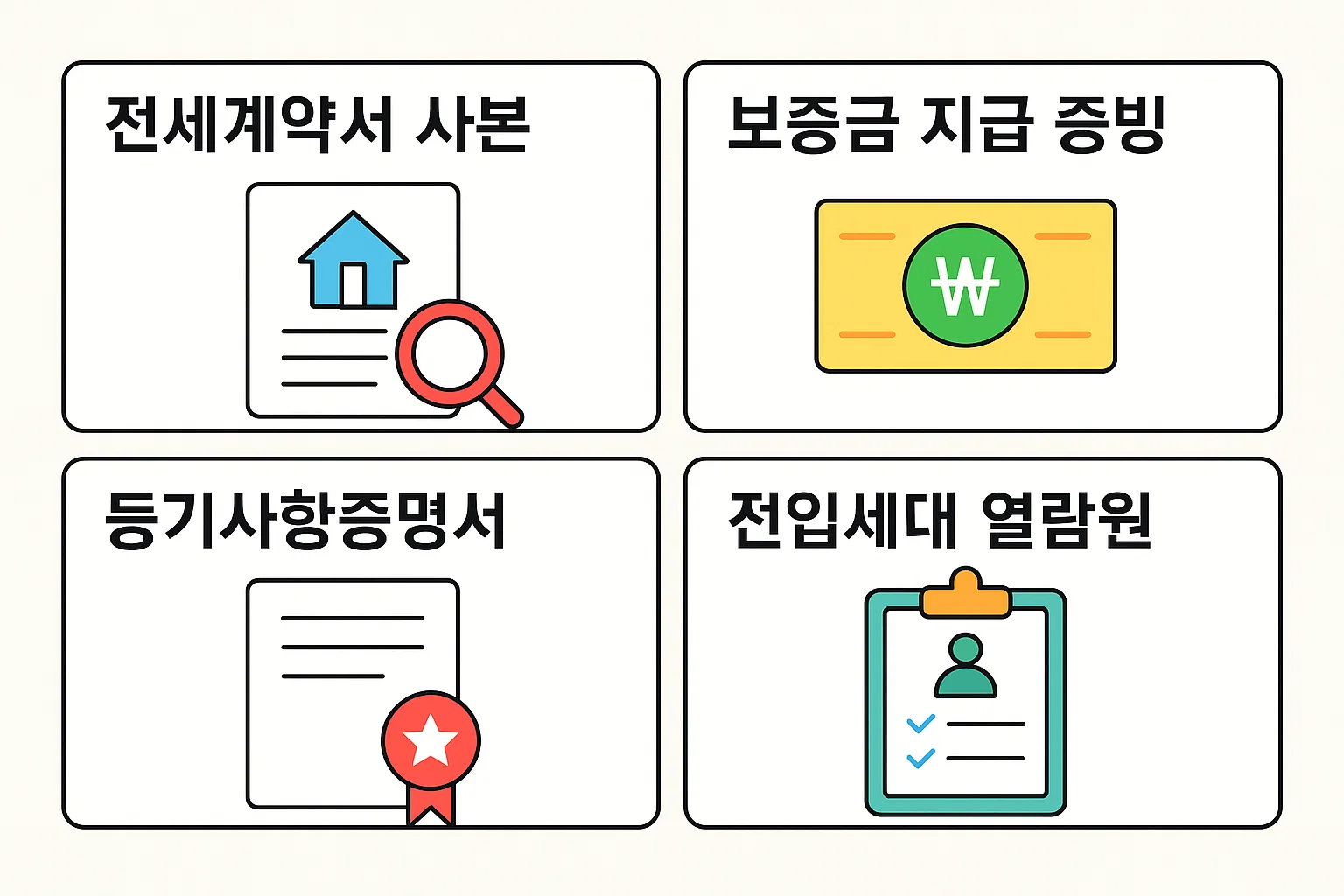 전세계약서 사본, 보증금 지급 증빙, 등기사항증명서, 전입세대 열람원 등 전세보증보험 가입 시 필요한 핵심 서류들을 항목별로 정리하여 한눈에 확인할 수 있도록 구성한 실용적인 안내형 그래픽입니다.