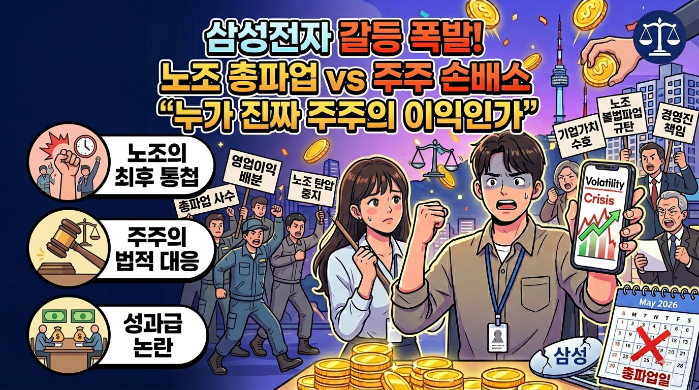 성전자 노사 갈등을 주제로 왼쪽에는 피켓을 든 노조와 주주의 법적 대응을 뜻하는 법원 망치 일러스트가 있고, 오른쪽에는 총파업 피켓을 든 노조원들과 기업가치 수호를 외치며 분노하는 소액주주들이 대치하는 모습을 담은 블로그 썸네일 이미지