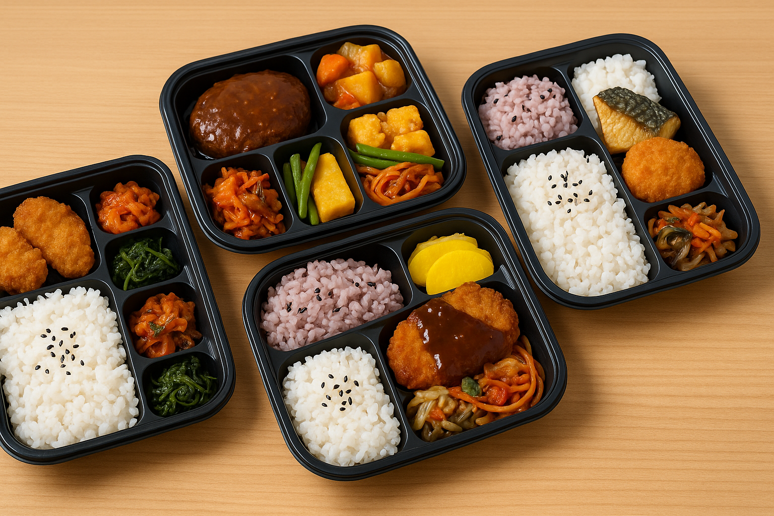 편의점 도시락이 종류별로 상 위에 놓여진 그림