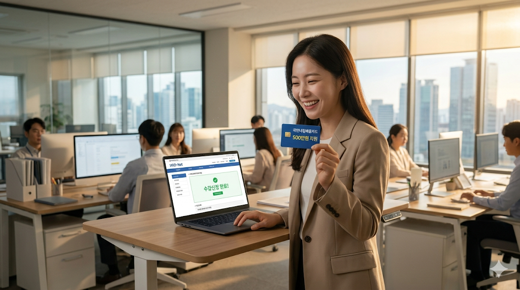 국민내일배움카드, 손에 쥐고 환하게 웃는 여성