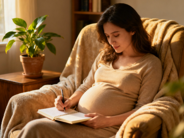 임신 중 산모가 노트에 기록하는 모습 - 산모수첩에 아기와의 첫 대화를 담는 따뜻한 순간