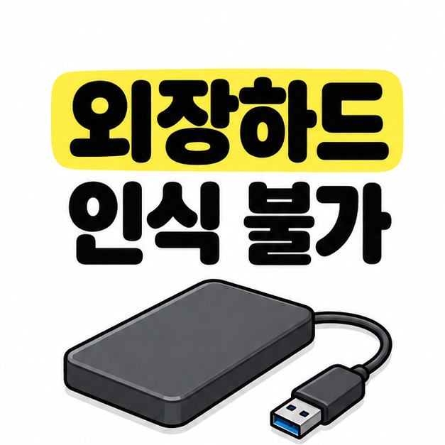 외장하드 인식 불가 제목 아래 USB 케이블이 연결된 외장하드가 놓인 대표 이미지