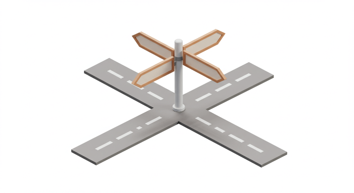 대안 금융 프로그램들을 가리키는 여러 방향의 화살표가 있는 3D 이정표 라벨