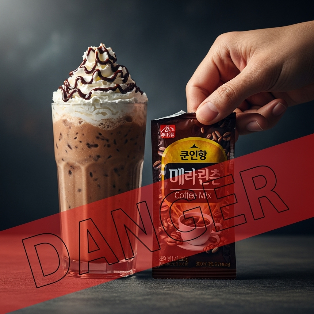 믹스커피 봉지와 휘핑크림이 올라간 화려한 카페모카 잔에 '위험' 경고 표시가 붙어있는 상징적인 이미지