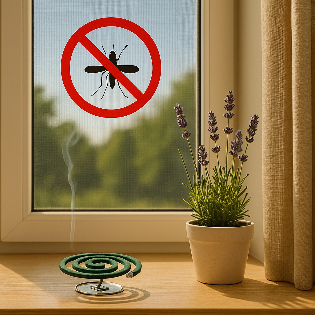 모기향과 라벤더 식물로 모기를 퇴치하는 여름철 집안 풍경