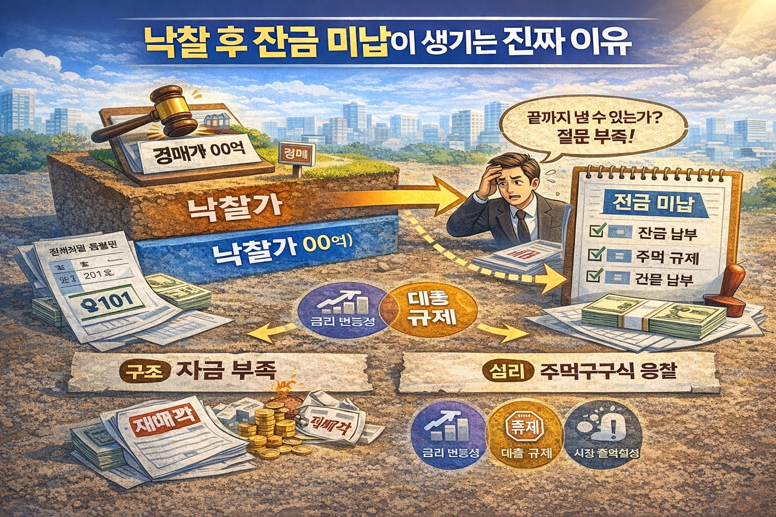 부동산 경매에서 낙찰 후 잔금 미납이 발생하는 구조와 원인을 설명한 도식