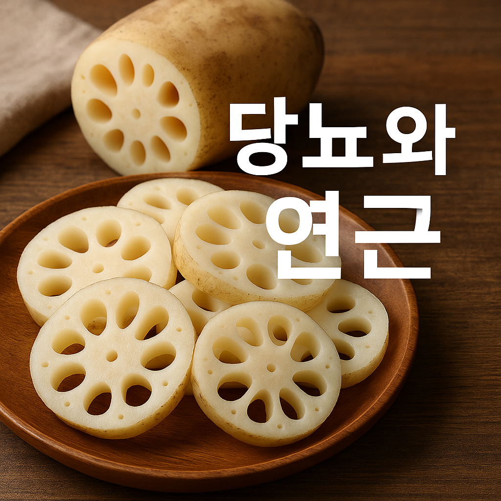 밝은 갈색 나무 테이블 위에 연근 조각들이 둥근 나무 접시에 가지런히 담겨 있고, 뒤편에는 통연근이 놓여 있다. 오른쪽에는 흰색 글씨로 &ldquo;당뇨와 연근&rdquo;이라는 문구가 적혀 있으며, 은은한 자연광이 따뜻하게 비추는 실사풍 이미지.