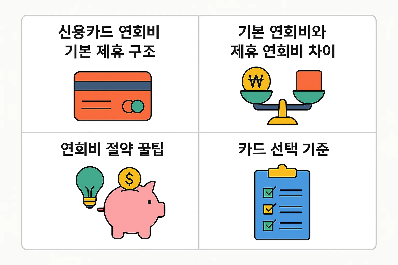 기본 연회비와 제휴 연회비의 구성 차이, 카드 선택 기준, 절약 꿀팁 등을 시각적으로 요약한 인포그래픽입니다.