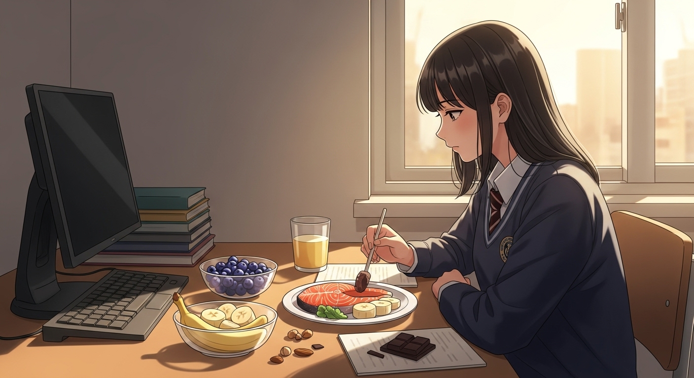 아침 햇살이 드는 방에서 교복을 입은 한국 수험생이 연어, 블루베리, 바나나, 견과류, 다크초콜릿이 담긴 식판으로 아침 식사를 하며 집중하는 모습을 보여주는 디지털 일러스트 이미지