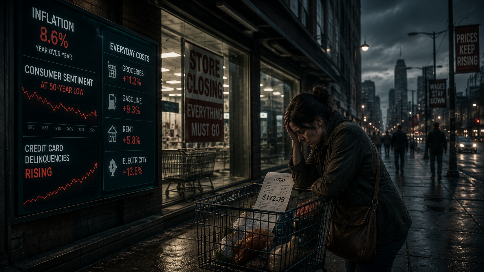 Consumer stress and inflation shown through a dark urban economic scene.