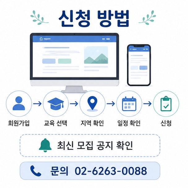 홈페이지 회원가입 후 원하는 교육 지역과 일정을 확인하고 신청하는 과정과 문의 전화번호를 정리한 이미지