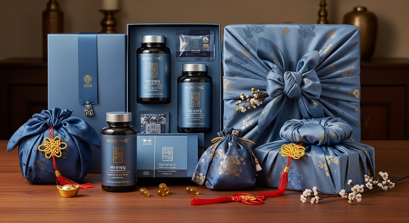 2026년 설날, 고급스러운 포장으로 정성스럽게 준비된 프리미엄 건강기능식품 선물 세트와 한국 전통 복주머니