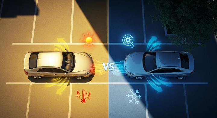 같은 주차장 내에서 한 차량은 건물 그림자 아래에, 다른 차량은 햇빛에 노출되어 있어 온도 차이가 시각적으로 드러나는 장면.