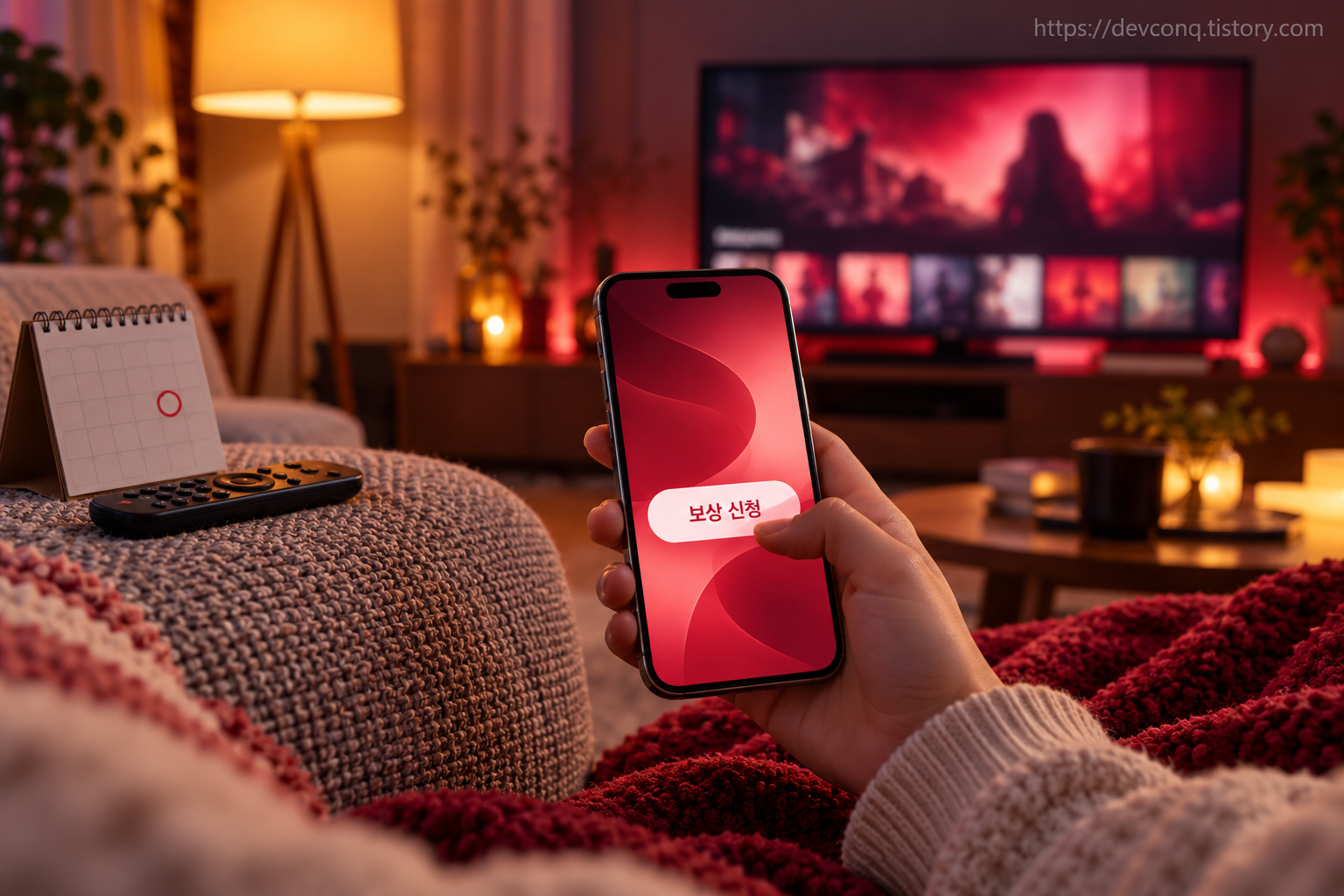 밤 거실에서 TV 앞 소파에 앉아 보상 신청 화면이 뜬 휴대폰을 든 손