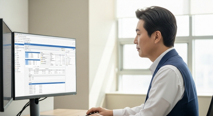 사무실에서 인사관리 시스템을 관리하는 공무원