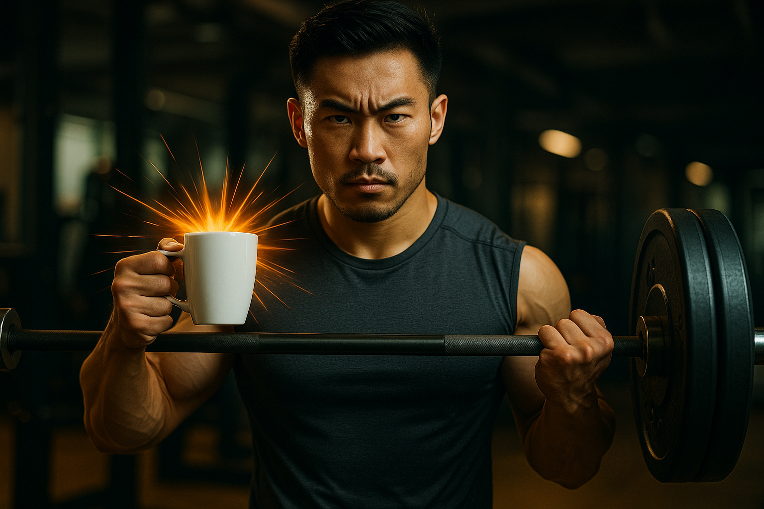 헬스장에서 커피를 든 한국 남성, 역기를 들 준비를 하며 결의에 찬 눈빛