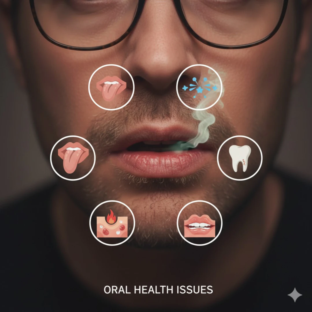 바싹 마른 입술을 보여주는 클로즈업 사진과 함께&amp;#44; 혀에 백태가 끼거나 잇몸이 붓고 약해진 모습을 상징하는 그래픽 아이콘들이 주변에 배치되어 있습니다. 불쾌한 구취를 상징하는 작은 연기 효과를 더할 수도 있습니다.