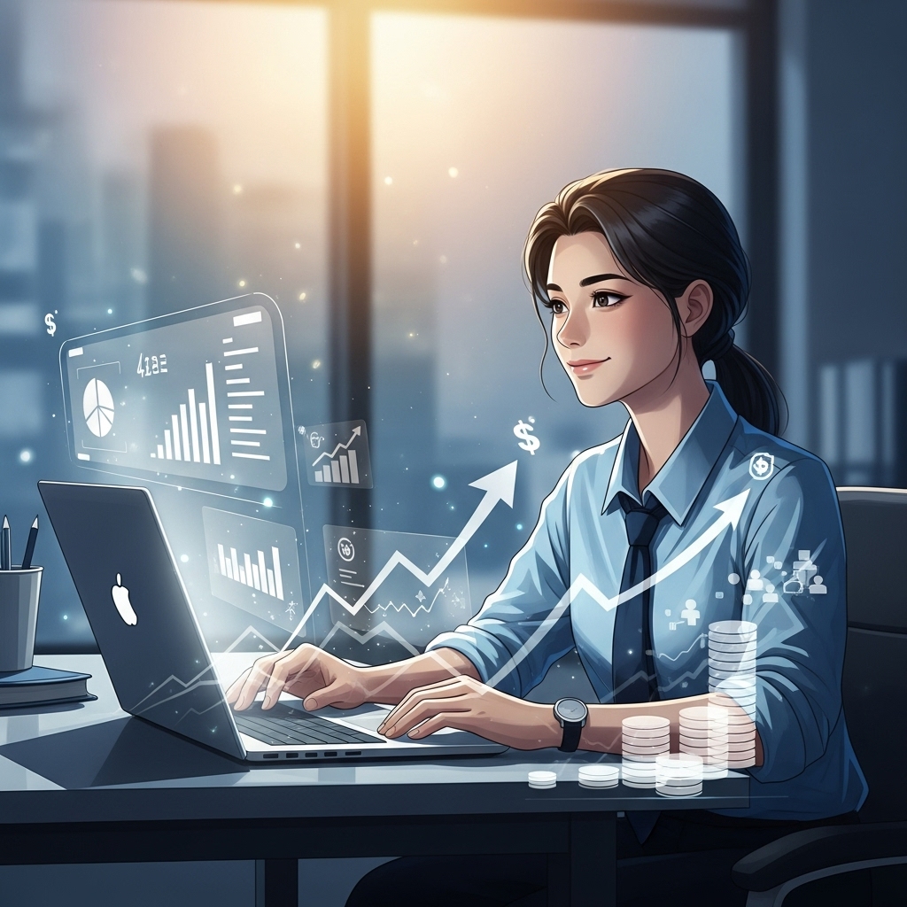 노트북을 보며 밝게 웃는 청년이 미래를 계획하는 모습. 파란색과 회색 톤으로 희망찬 미래와 금융 성장을 상징합니다.