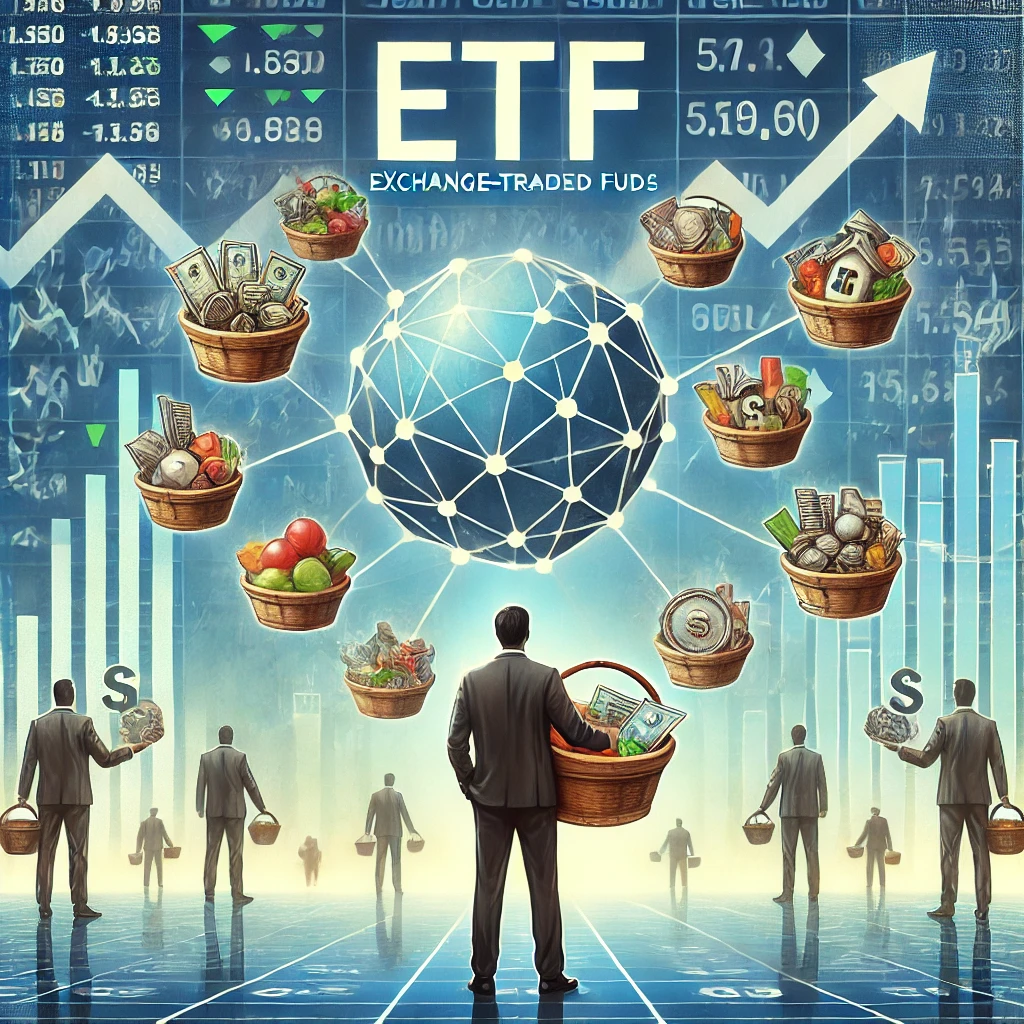 주식, 채권, 원자재 등 다양한 금융 자산이 중앙의 ETF 기호와 연결된 거대한 네트워크를 이루고 있으며, 투자자들이 다양한 자산이 담긴 바구니를 들고 있어 분산 투자를 상징합니다.