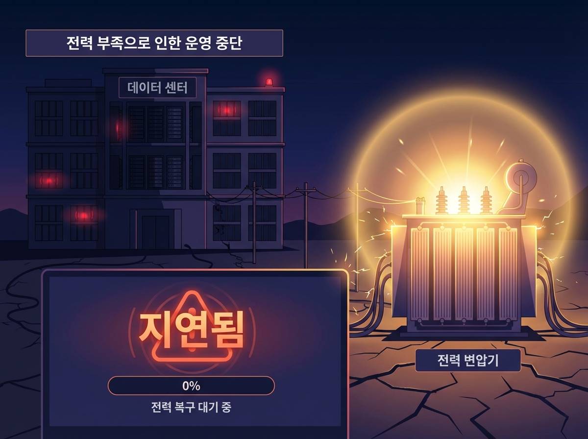 전력 부족으로 인해 어두운 데이터센터 건물과 그 옆에서 빛나고 있는 대형 변압기 인포그래픽