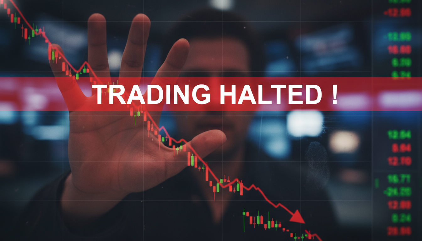 주식 거래정지 메시지가 크게 표시된 주식 전광판. 급락하는 차트와 손이 화면을 향하는 모습은 투자자들의 절망감을 나타낸다.