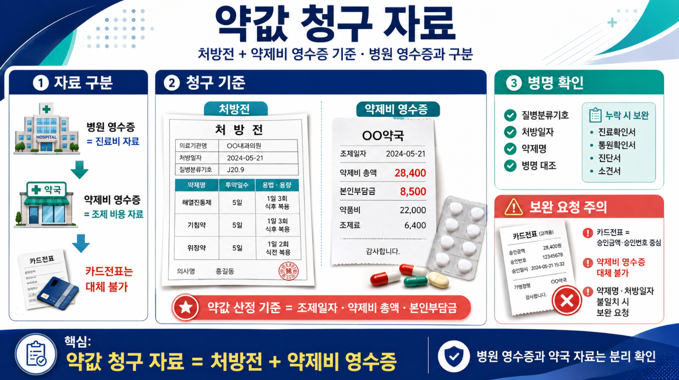 약값 청구 자료에서 처방전과 약제비 영수증, 카드전표 대체 불가 기준을 설명한 인포그래픽