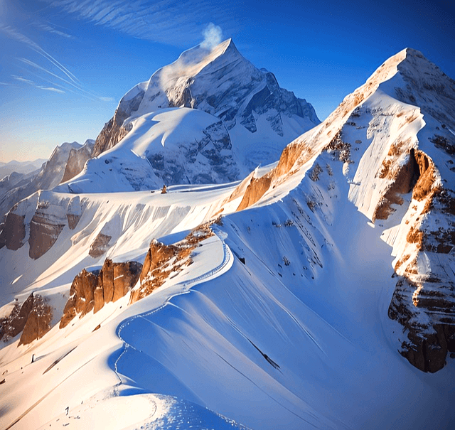 하얀 눈으로 덮인 설산이 펼쳐졌다. 뾰족하고 가파른 설산이다.