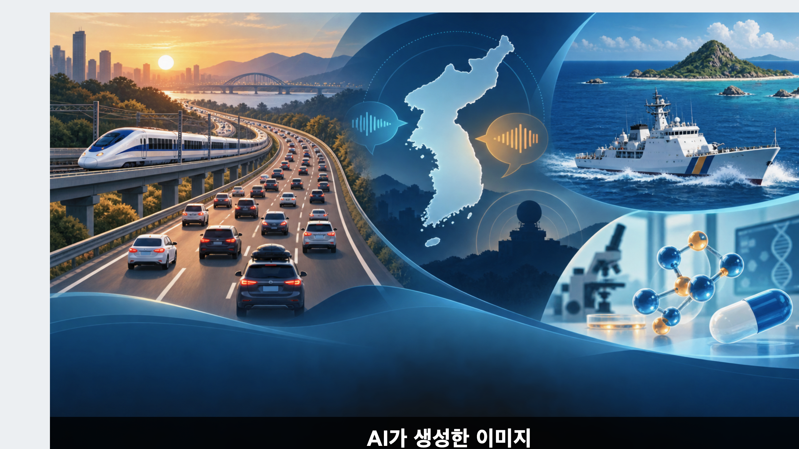 추석 교통, 한반도 안보, 남중국해 해양 순찰, 담관암 신약을 상징적으로 표현한 점심 뉴스 AI 일러스트