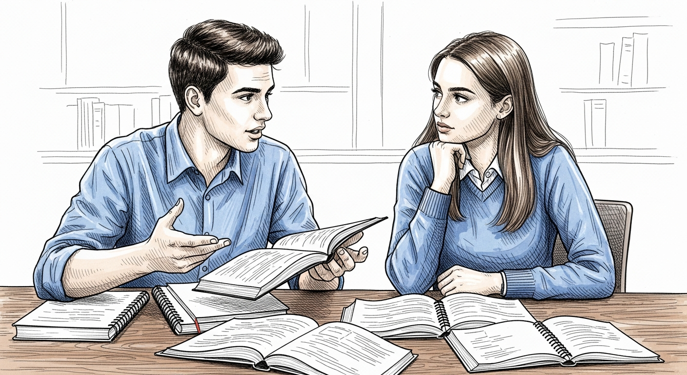 두 학생이 공부하며 토론하는 모습